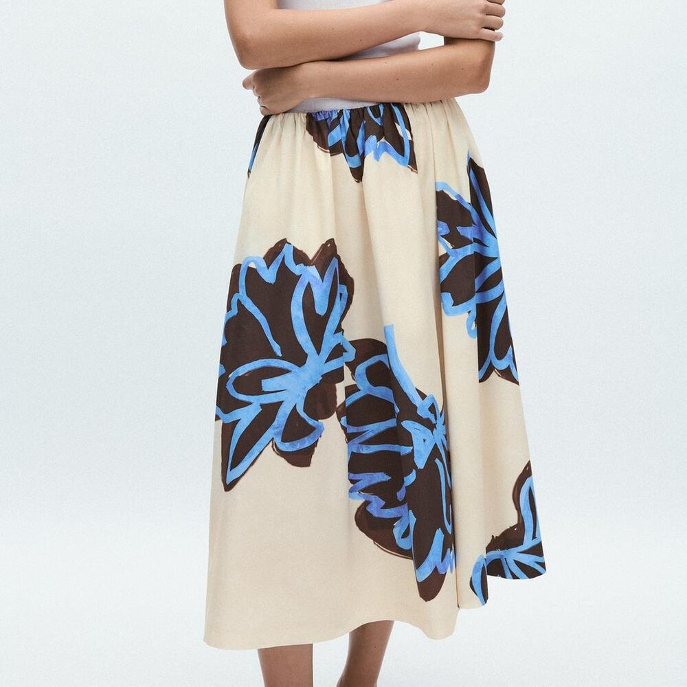ZARA Woman Collection Voluminous Floral Midi Skirt – 100% Organic Cotton Summer